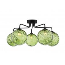 Black 5 Light Semi Flush Ceiling Fixture With GL14 Green Dimpled Glass Shade