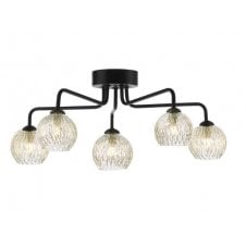 Black 5 Light Semi Flush Ceiling Fixture With GL9 Inner Wire Glass Globe Shade