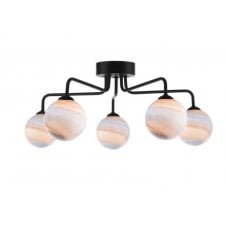 Black 5 Light Semi Flush Ceiling Fixture With GL7L Large Planet Art Glass Globe Shade