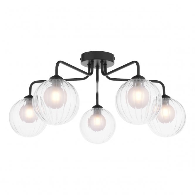 FEYA Black 5 Light Semi Flush Ceiling Light with Opal & Clear Ribbed Glass