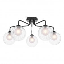 Black 5 Light Semi Flush Ceiling Fixture With GL20 Opal & Clear Ribbed Glass Shade