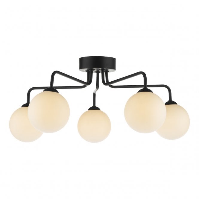 FEYA Black 5 Light Semi Flush Ceiling Light with Opal Glass Globe Shade