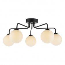  Black 5 Light Semi Flush Ceiling Fixture With GL2 Opal Glass Globe Shade