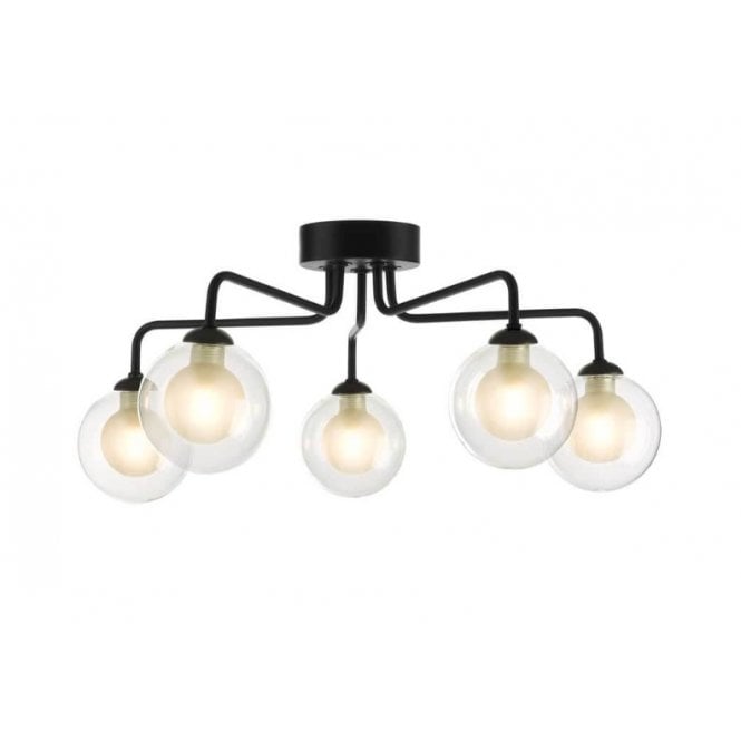 FEYA Black 5 Light Semi Flush Ceiling Light with Opal Inner and Clear Glass Globe Shade