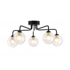 Black 5 Light Semi Flush Ceiling Fixture With GL4 Opal Inner And Clear Glass Globe Shade