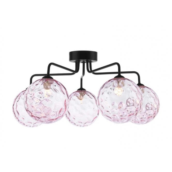 FEYA Black 5 Light Semi Flush Ceiling Light with Pink Dimpled Glass Shade