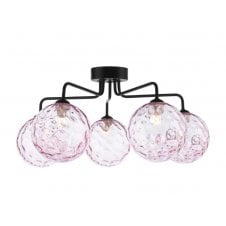 Black 5 Light Semi Flush Ceiling Fixture With GL13 Pink Dimpled Glass Shade