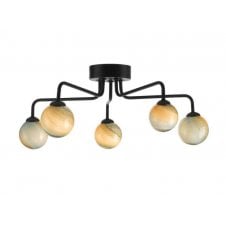 Black 5 Light Semi Flush Ceiling Fixture With GL7 Planet Glass Globe Shade