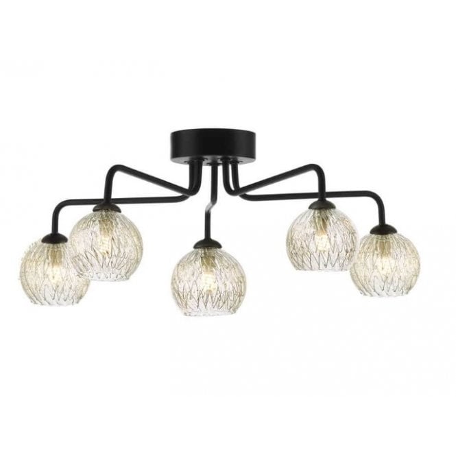 FEYA Black 5 Light Semi Flush Ceiling Light with Ribbed Glass Globe Shade
