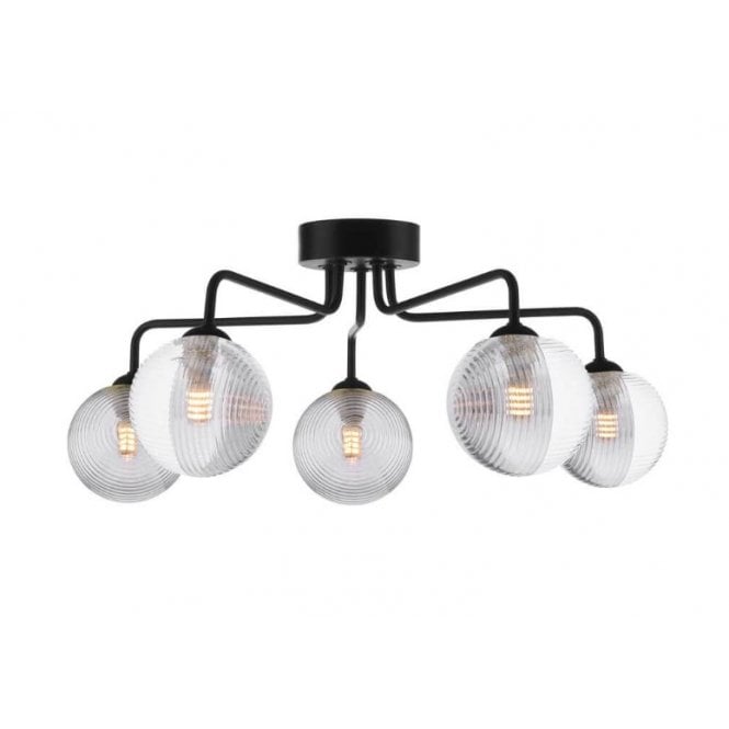 FEYA Black 5 Light Semi Flush Ceiling Light with Smoked & Clear Ribbed Glass (10cm)