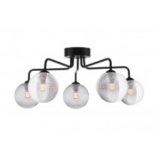 Black 5 Light Semi Flush Ceiling Fixture With GL18 Smoked & Clear Ribbed Glass