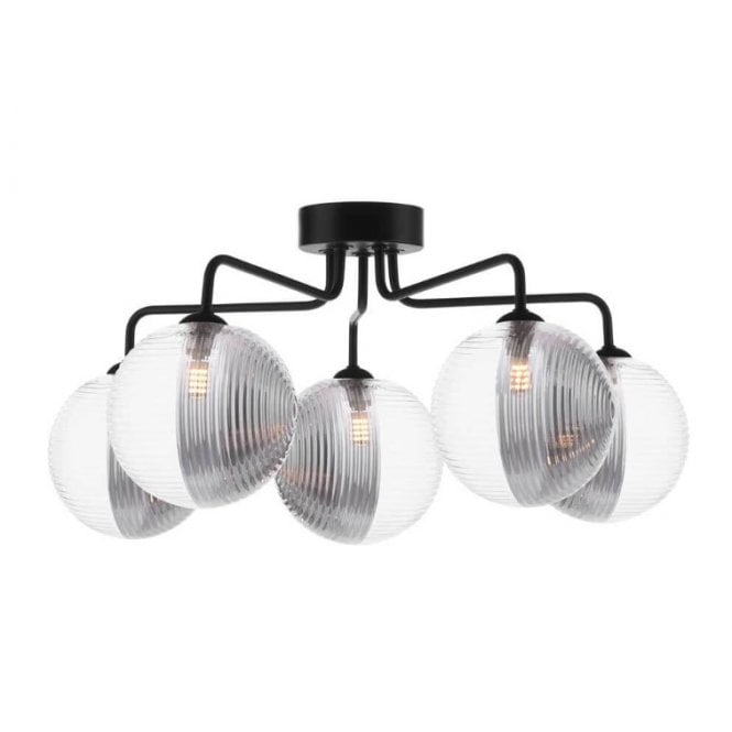 FEYA Black 5 Light Semi Flush Ceiling Light with Smoked & Clear Ribbed Glass (15cm)