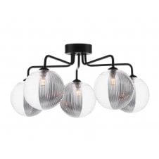 Black 5 Light Semi Flush Ceiling Fixture With GL19 Smoked & Clear Ribbed Glass Shade