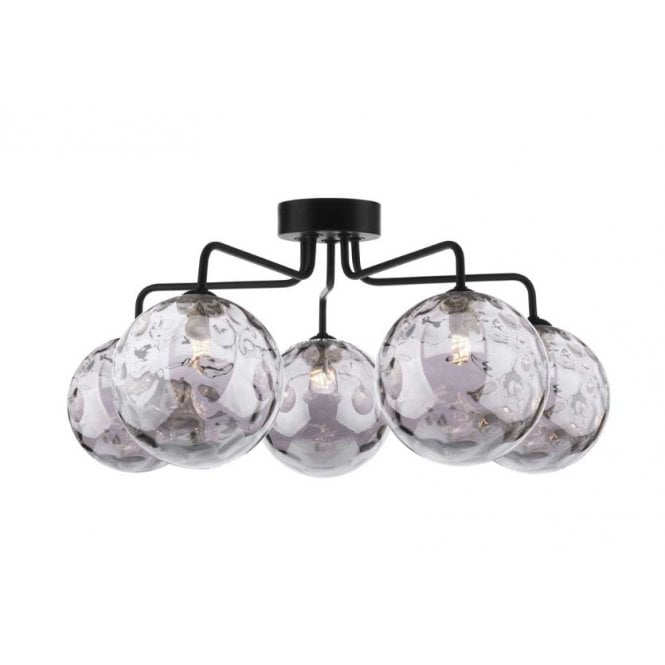FEYA Black 5 Light Semi Flush Ceiling Light with Smoked Dimpled Glass Shade