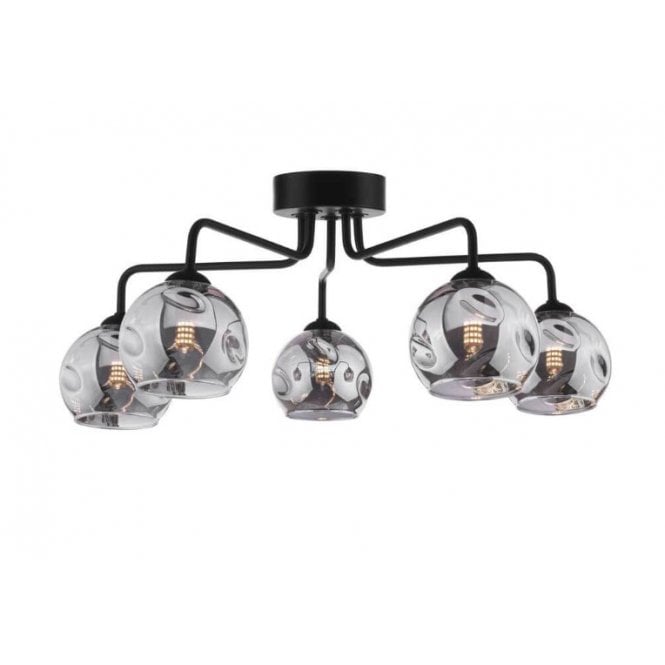 FEYA Black 5 Light Semi Flush Ceiling Light with Smoked Organic Glass Shade
