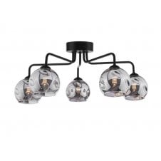 Black 5 Light Semi Flush Ceiling Fixture With GL15 Smoked Organic Glass Shade