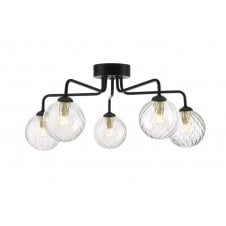 Black 5 Light Semi Flush Ceiling Fixture With GL3 Twisted Glass Globe Shade