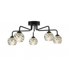 Black 5 Light Semi Flush Ceiling Fixture With GL5 Twisted Open Glass Shade