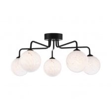 Black 5 Light Semi Flush Ceiling Fixture With GL17 White Confetti Glass Shade