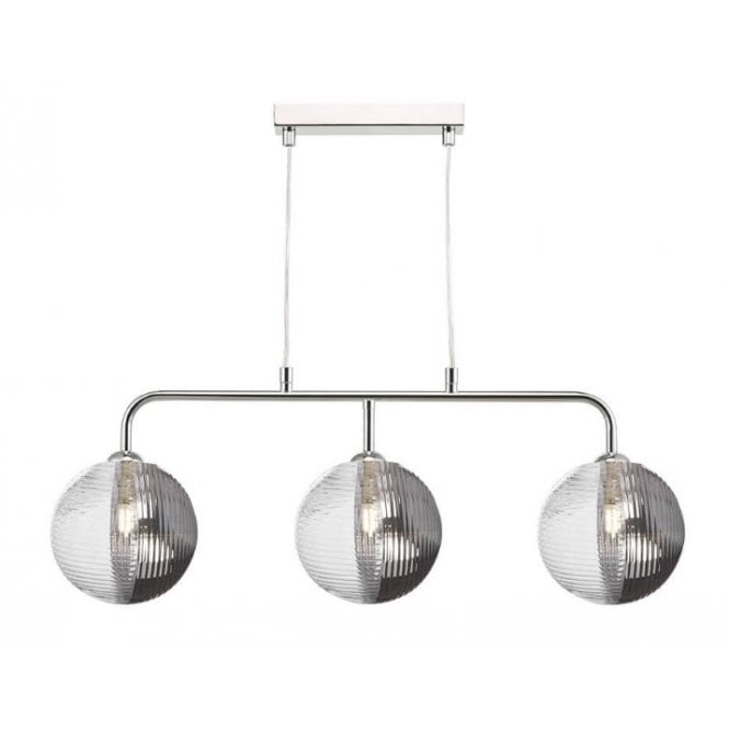 FEYA Chrome 3 Light Pendant Bar with GL19 Smoked & Clear Ribbed Glass Shade