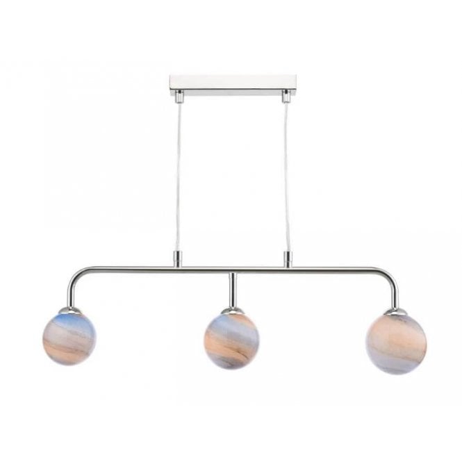 Feya Chrome 3 Light Pendant Bar with Large Planet Art Glass Globe Shades (10cm)