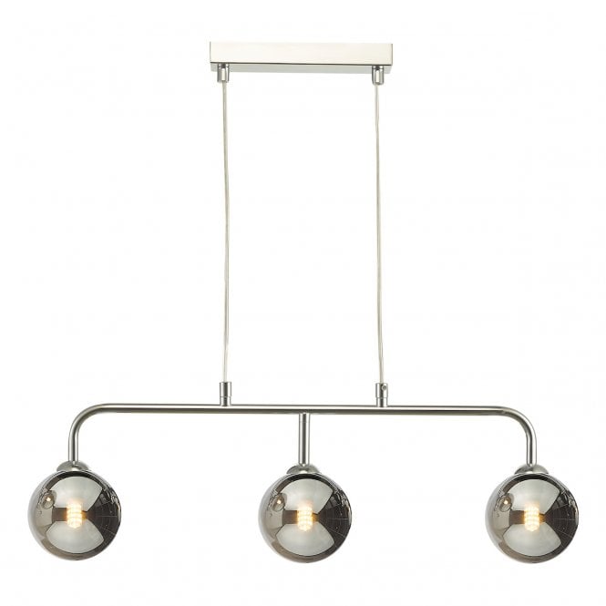 Feya Chrome 3 Light Pendant Bar with Smoked Glass Globe Shades