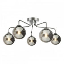 FEYA Chrome 5 Light Semi Flush Ceiling Fixture with GL1 Smoked Glass Globe Shade