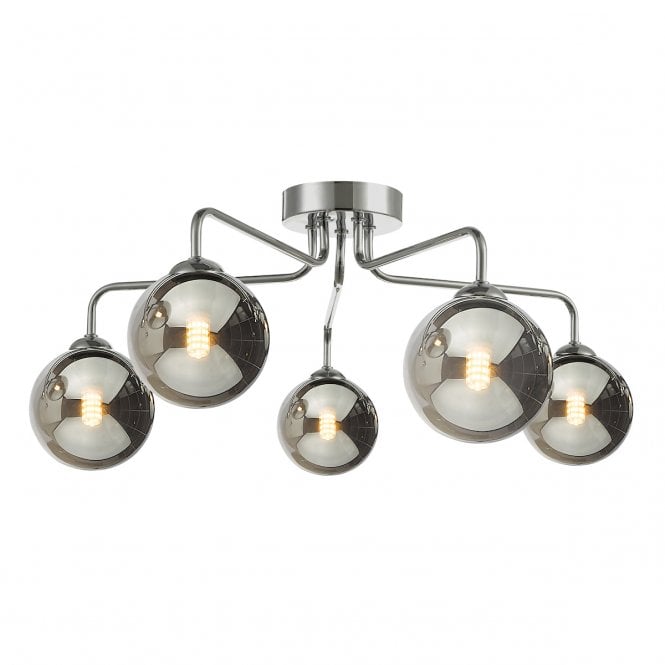 FEYA Chrome 5 Light Semi Flush Ceiling Fixture with GL1 Smoked Glass Globe Shade