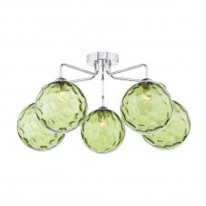 FEYA Chrome 5 Light Semi Flush Ceiling Fixture with GL14 Green Dimpled Glass Shade