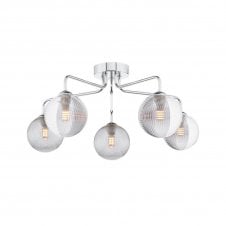 FEYA Chrome 5 Light Semi Flush Ceiling Fixture with GL18 Smoked & Clear Ribbed Glass