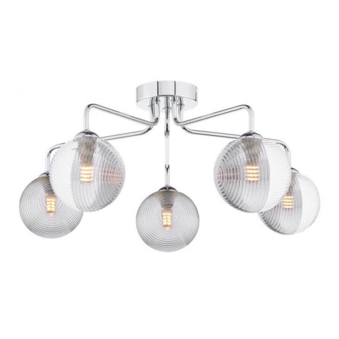FEYA Chrome 5 Light Semi Flush Ceiling Fixture with GL18 Smoked & Clear Ribbed Glass