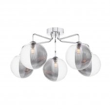 FEYA Chrome 5 Light Semi Flush Ceiling Fixture with GL19 Smoked & Clear Ribbed Glass Shade