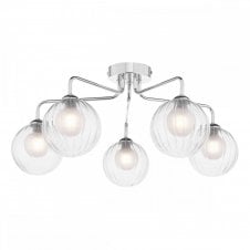 FEYA Chrome 5 Light Semi Flush Ceiling Fixture with GL20 Opal & Clear Ribbed Glass Shade
