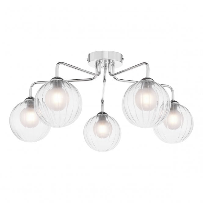 FEYA Chrome 5 Light Semi Flush Ceiling Fixture with GL20 Opal & Clear Ribbed Glass Shade
