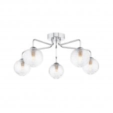 FEYA Chrome 5 Light Semi Flush Ceiling Fixture with GL8 Ribbed Glass Globe Shade