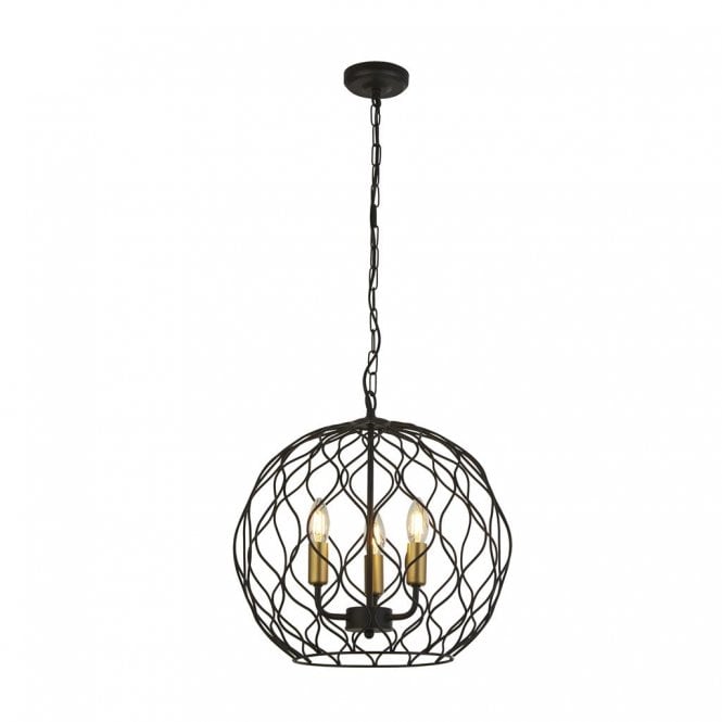 FINESSE 3 Light Round Ceiling Pendant With Wavey Bar Detail Black With Gold Lampholders