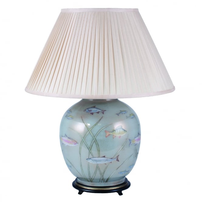 FISH Dist Gold/Light Blue on Large Round with Silk Knife Pleat Balloon Lined Almond Shade 50cm