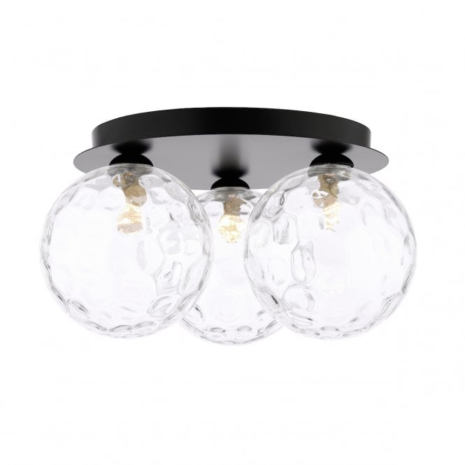 Foley 3 Light Flush Ceiling Light in Matt Black with Clear Dimpled Glass Shades