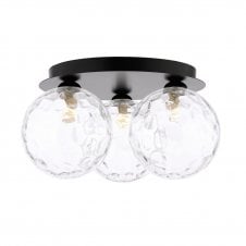 modern flush ceiling light fitting with three dimpled clear glass shades
