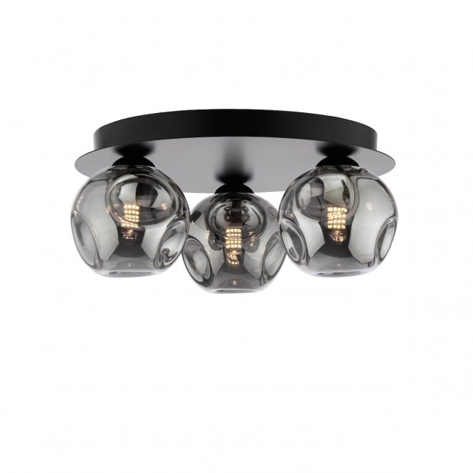 Foley 3 Light Flush Ceiling Light in Matt Black with Closed Organic Smoked Glass Shades