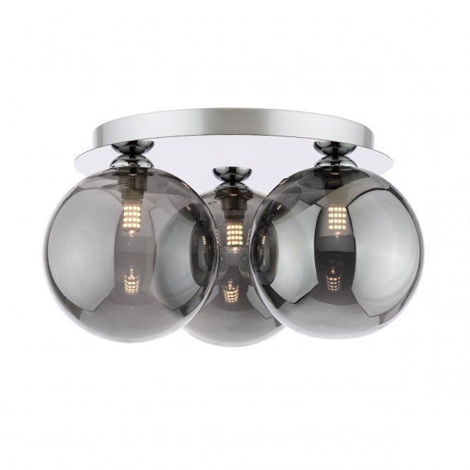 Foley 3 Light Flush Ceiling Light in Polished Chrome with Smoked Glass Shades