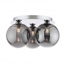modern flush ceiling light in a chrome finished with three dimpled smoked glass shades 