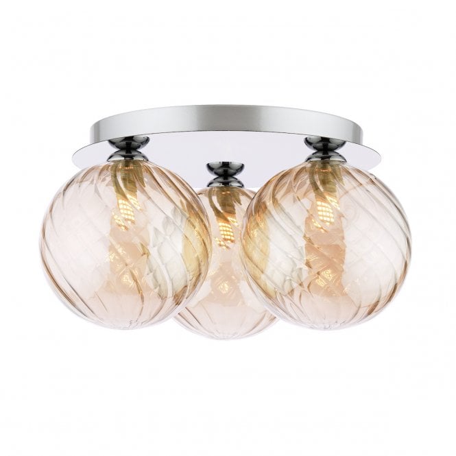 Foley 3 Light Flush Ceiling Light in Polished Chrome with Twisted Amber Glass Shades
