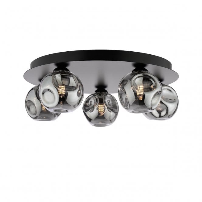 Foley 5 Light Flush Ceiling Light in Matt Black with Closed Organic Smoked Glass Shades
