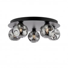 modern matt black flush ceiling light fitting with 5 organic smoked glass shades 
