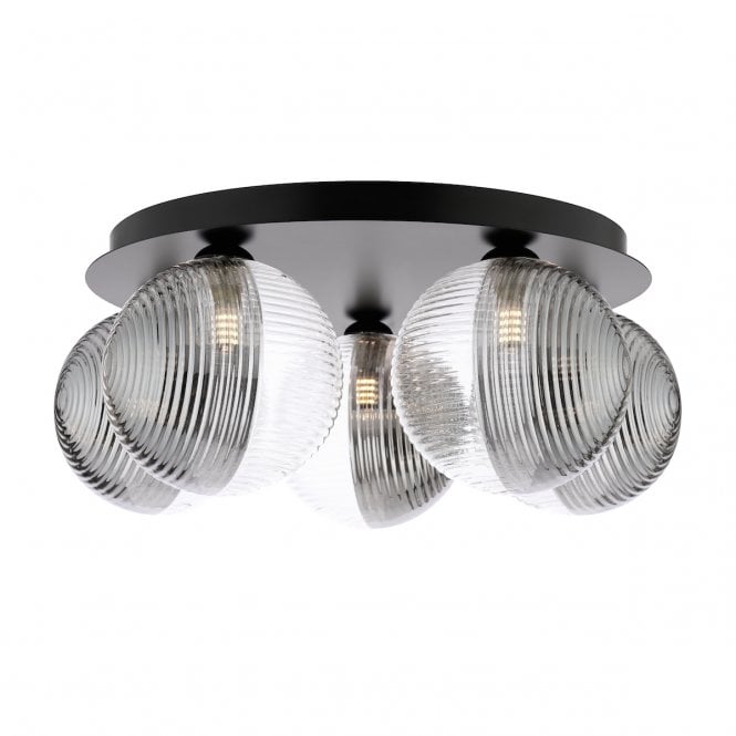 Foley 5 Light Flush Ceiling Light in Matt Black with Smoked and Clear Ribbed Glass Shades