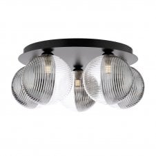 modern flush ceiling light in matt black with smoked and clear ribbed glass shades 