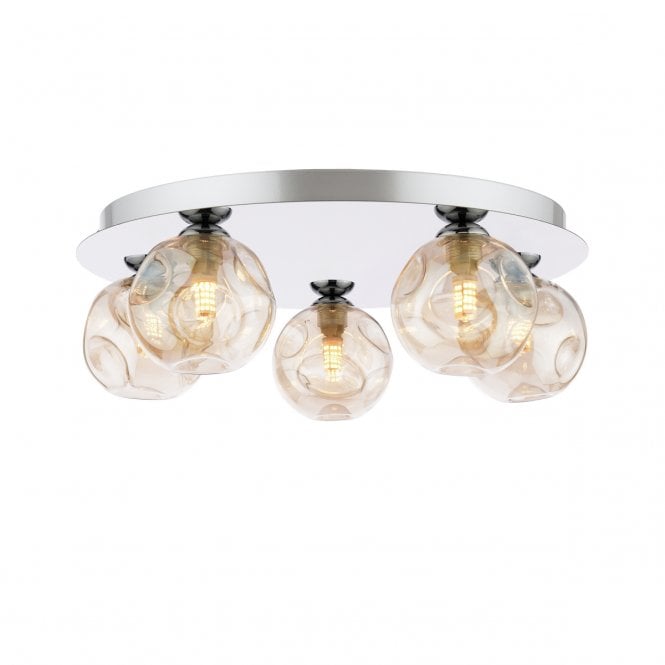 Foley 5 Light Flush Ceiling Light in Polished Chrome with Closed Organic Amber Glass Shades