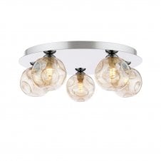 modern polished chrome flush ceiling light fitting with five closed organic amber glass shades