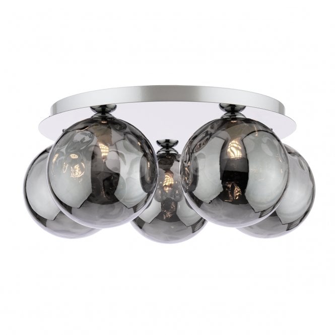 Foley 5 Light Flush Ceiling Light in Polished Chrome with Smoked Dimpled Glass Shades